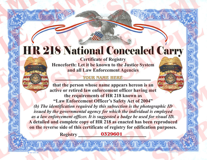 HR218 National Concealed Carry Certificate MaxArmory