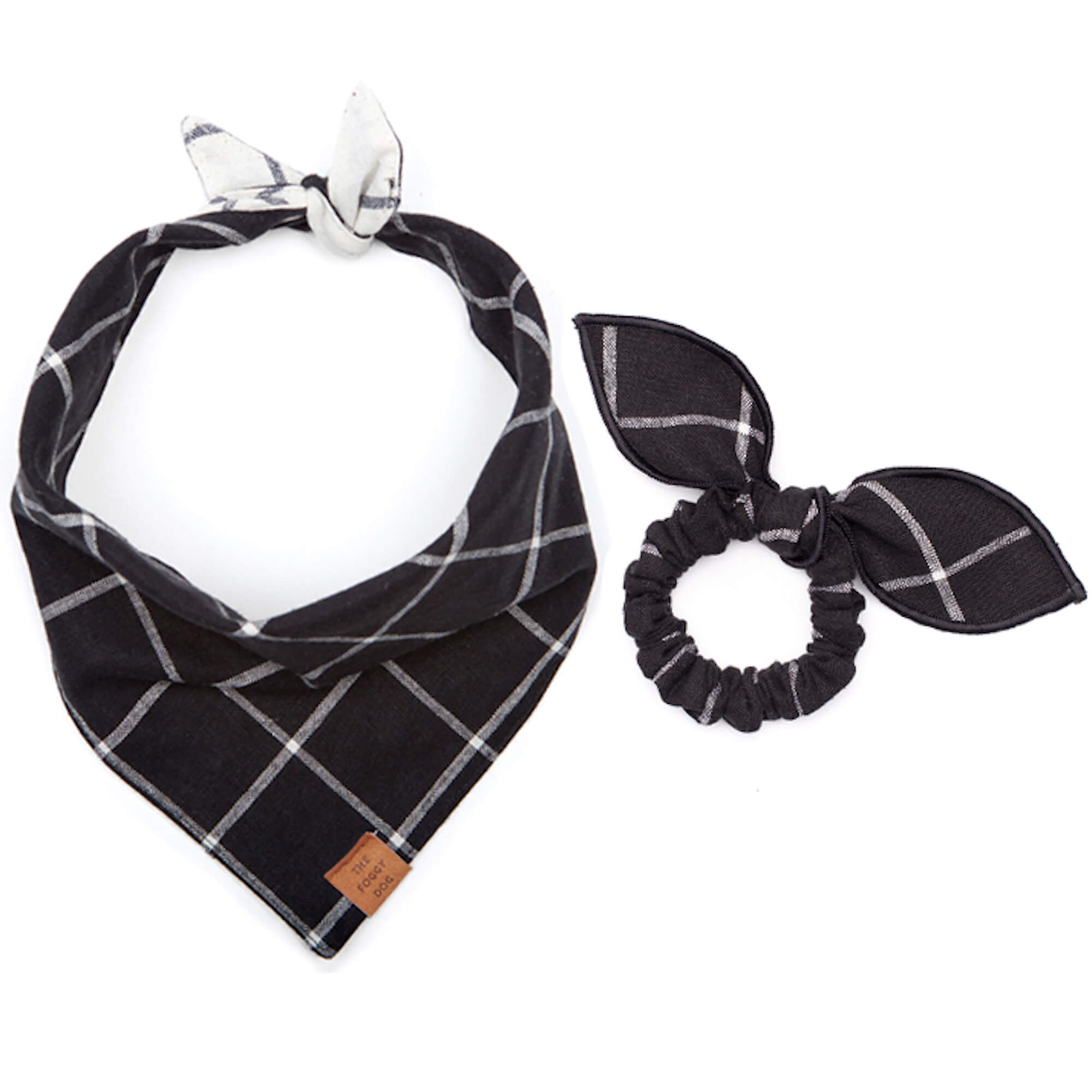 Black Matching Hair Scrunchie Tie Knot Dog Bandana White Daisies Scrunchie & Dog Bandana Set