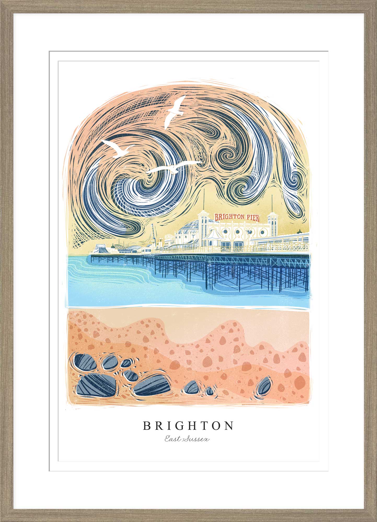 Brighton Pier Arched Lino Framed Print