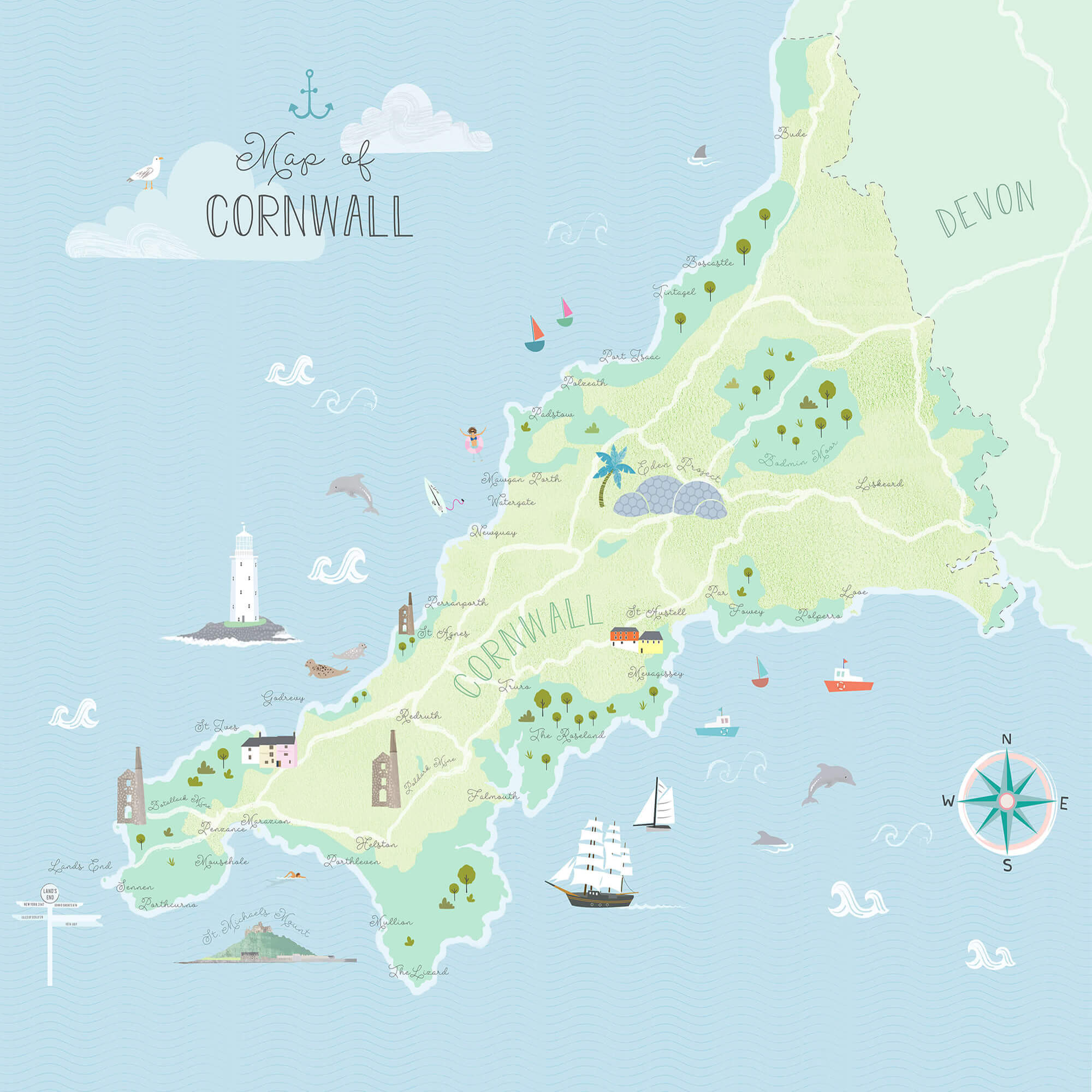 Large Map Of Cornwall Wf183P - Cornwall Map Large Art Print – Whistlefish