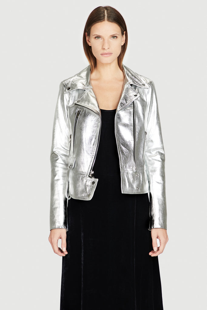 Leather Moto Jacket in Silver
