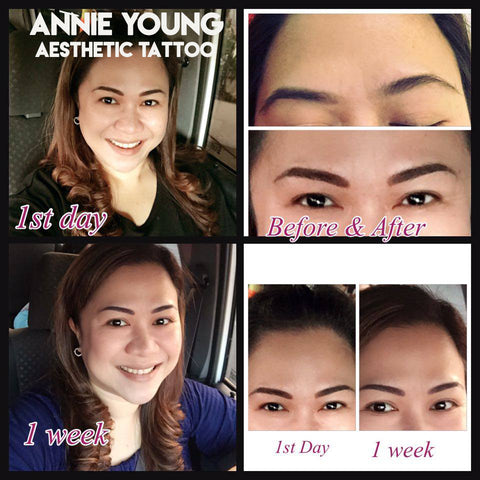 Smiling woman before and after picture awesome eyebrow tattoo work