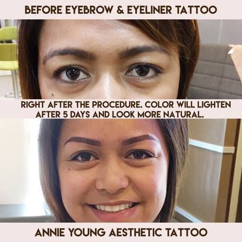 Smiling lady selfie for her eyebrow and eyeliner tattoo results
