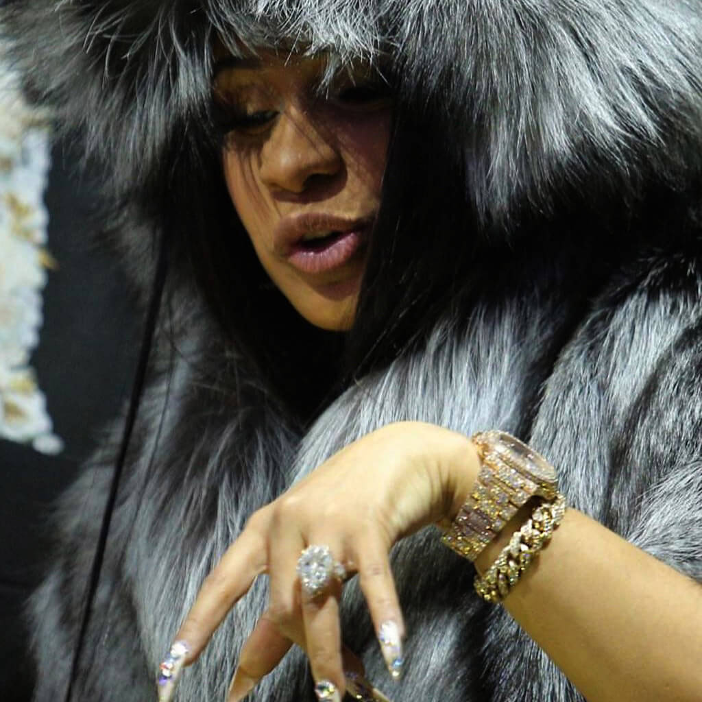 Cardi B's Iced Out Cuban Bracelet, Ring and Watch