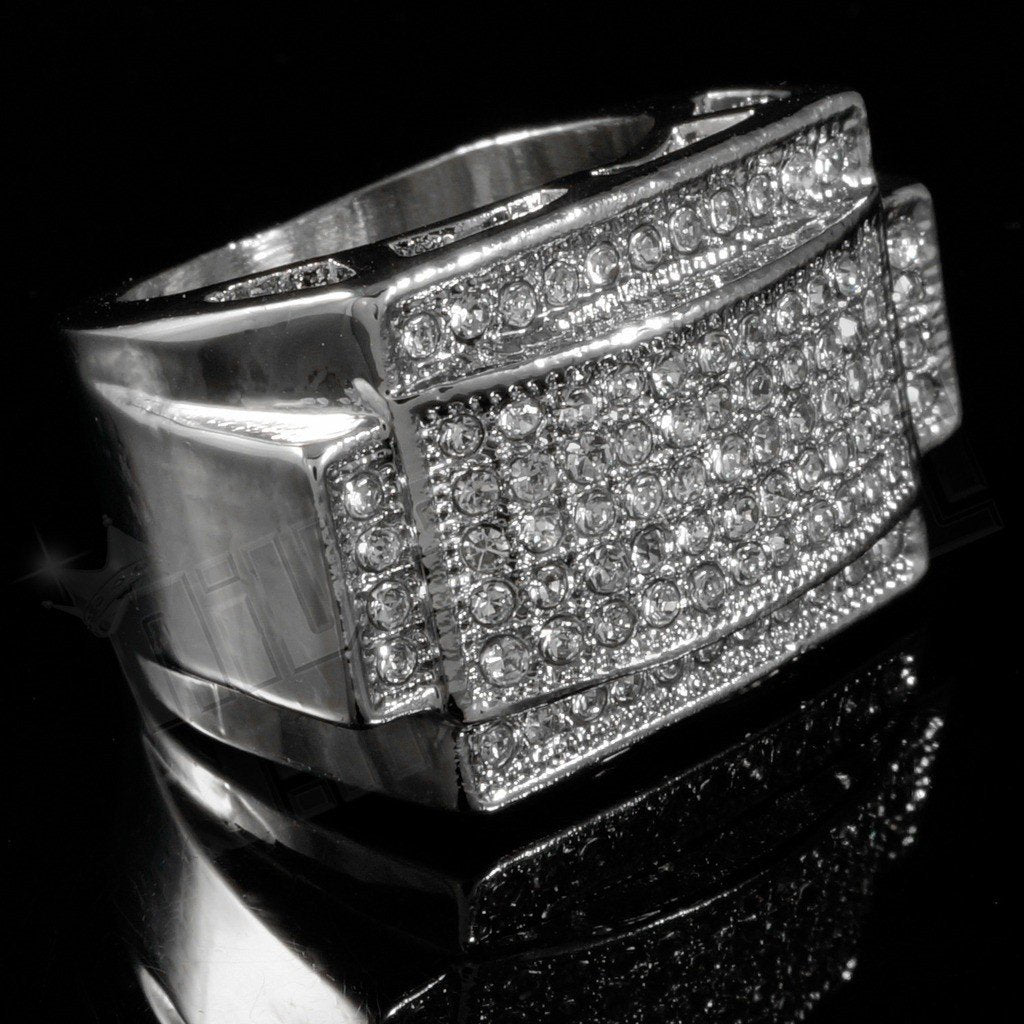 Affordable 14k White Gold Iced Out Rectangular Pinky Hip Hop Ring - Black Background