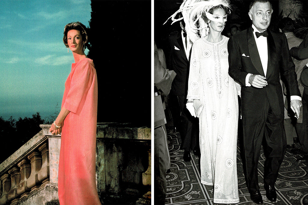 Left Photo: Marella in Balenciaga. Right photo: Marella and Gianni at Truman Capote's Black and White Ball.