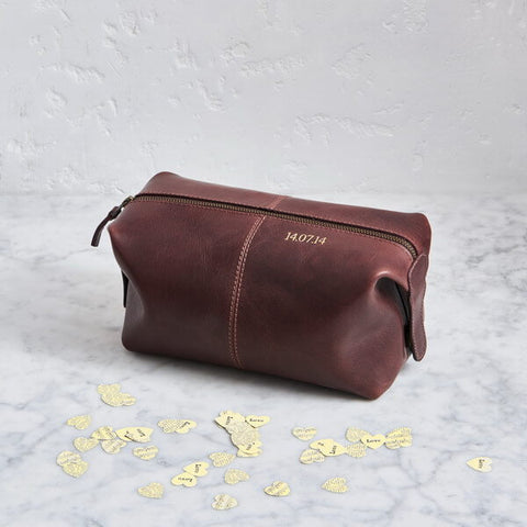 Dark Brown Leather Wash Bag With Initials