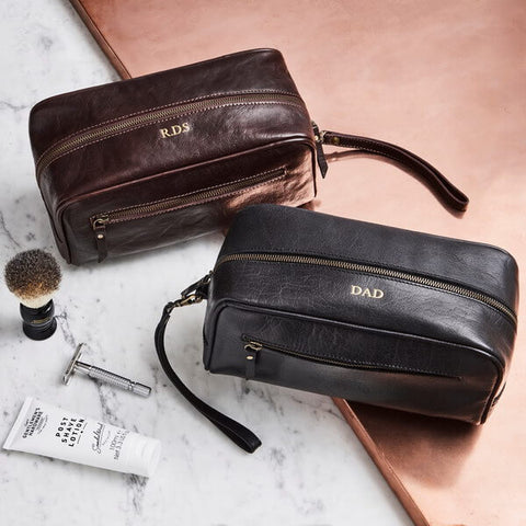 Brown Black Leather Wash Bag with Strap