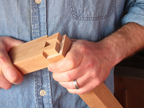 Signature Visible Joinery of our modern wood furniture, Here hand cut dovetails are fitted together for a strong and lasting connection