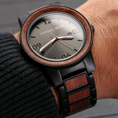 Sapele Wood Watch with Matte Black Stainless Steel Band