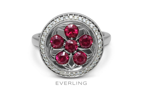 6 re-purposed rubies set in recycled white gold with a halo of Canadian sourced diamonds. www.EverlingJewelry.com