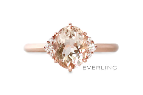 Recycled 14k Rose Gold with an oval center morganite and Canadian sourced diamonds on each side. www.EverlingJewelry.com