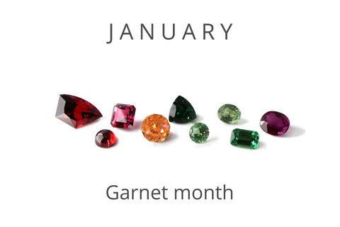 Different colors and types of garnets, including: pyrope, almandine, rhodolite, spessartite, tsavorite, demantoid, and color-change. www.EverlingJewelry.com