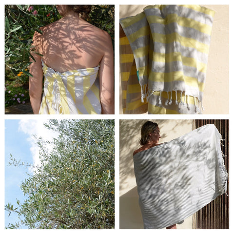 Ebb Flow Cornwall in Italy. Hammam towels in the shade of an olive tree