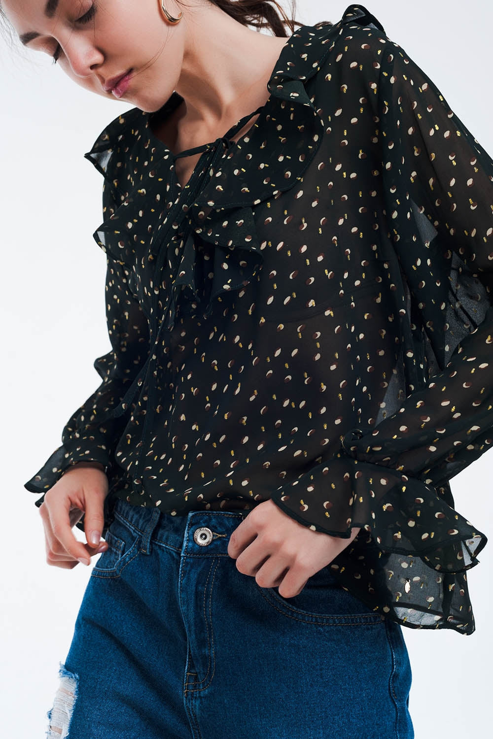 Green Blouse With Ruffle Detail-Women - Apparel - Shirts - Blouses-Product Details Green blouse with ruffle detail made from airy polyester. This blouse has long sleeves, a v-neck, a ribbon at the front and ruffle detail at the neck and at the end of the arms.-Keyomi-Sook