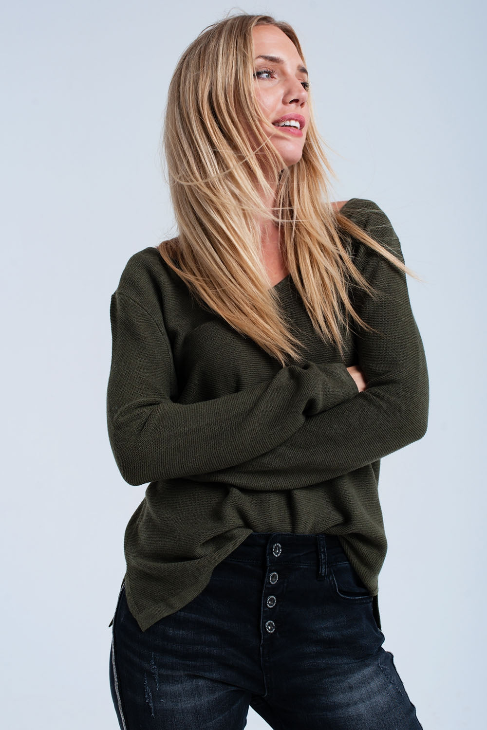 Khaki Ribbed Sweater-Women - Apparel - Sweaters - Pull Over-Product Details Khaki ribbed sweater with a V neck and cross back detail to the neck. It has long sleeves and side slits to the hem. Soft woven.-Keyomi-Sook