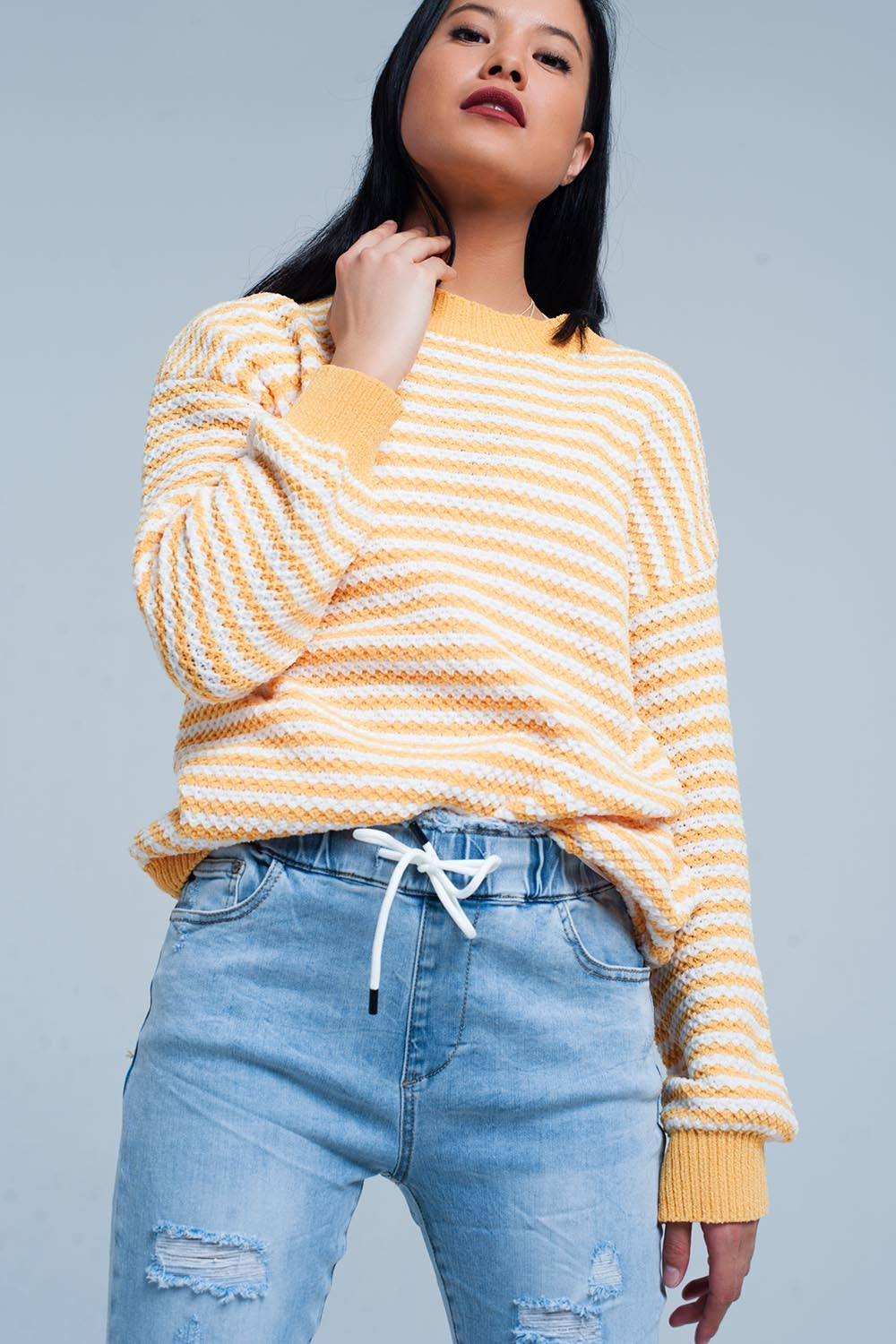 Yellow Striped Knitted Sweater-Women - Apparel - Sweaters - Pull Over-Product Details Yellow colored pullover in white stripes of super soft chunky knit high quality polyester. The jumper has a round crew neck and long sleeves both finished with a ribbed stitched band.-Keyomi-Sook