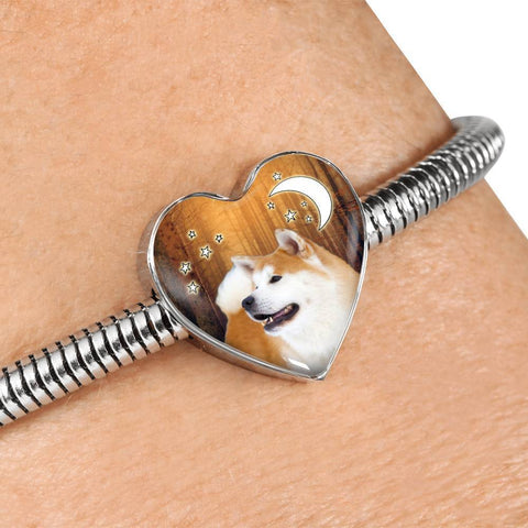 Akita Dog Print Heart Charm Steel Bracelet-Free Shipping
