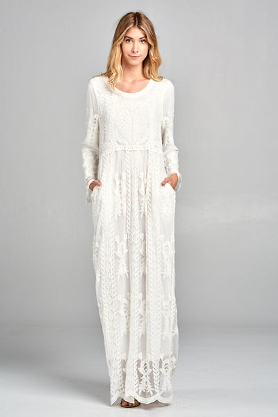 white maxi lace dress with sleeves