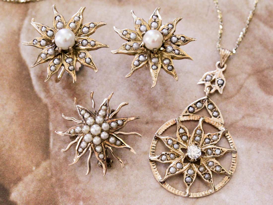 Victorian seed pearl earrings brooch pendant