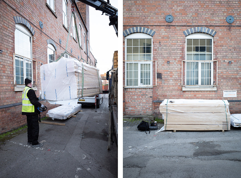 Studio floorboards being delivered