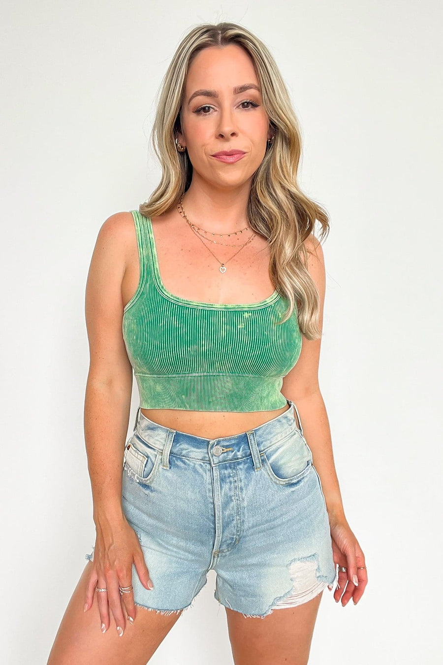 Kelly Green / SM Anielle Washed Ribbed Cropped Bra Top - kitchencabinetmagic