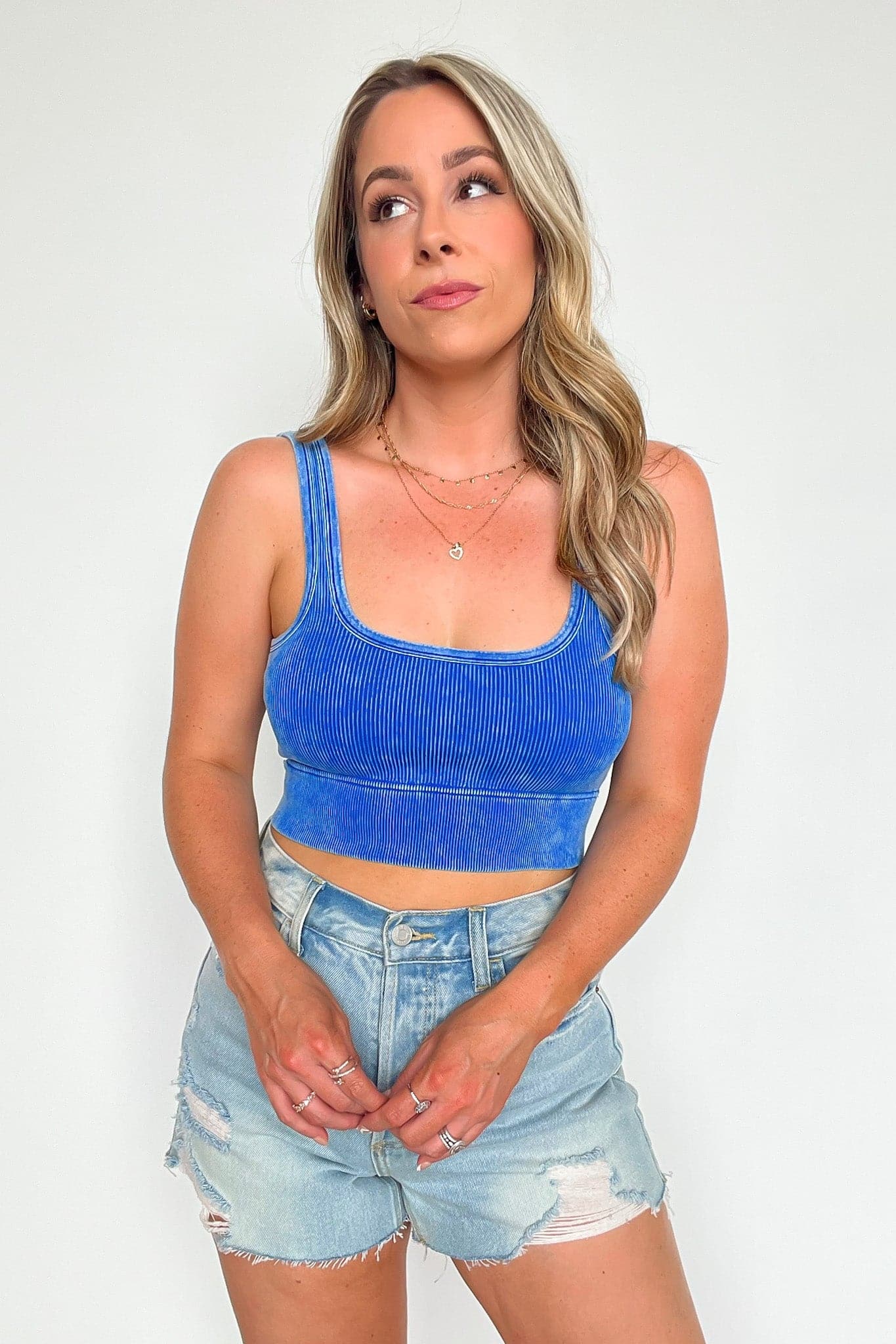 Ocean Blue / SM Anielle Washed Ribbed Cropped Bra Top - kitchencabinetmagic