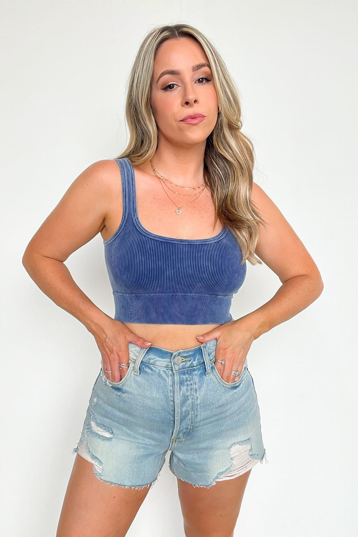 Light Navy / SM Anielle Washed Ribbed Cropped Bra Top - kitchencabinetmagic