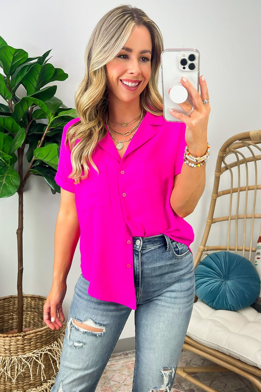 Hot Pink / S Ashlei Flowy Button Down Top - BACK IN STOCK - kitchencabinetmagic