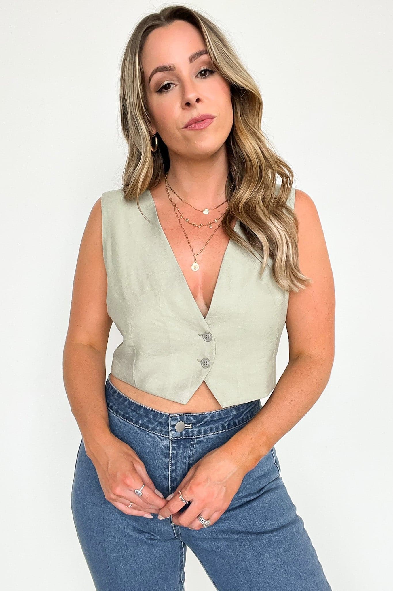 S / Sage Breaking Rules Button Down Vest Top - kitchencabinetmagic