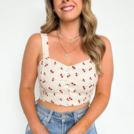 Cream / S Cherry Picking Button Down Crop Top - kitchencabinetmagic