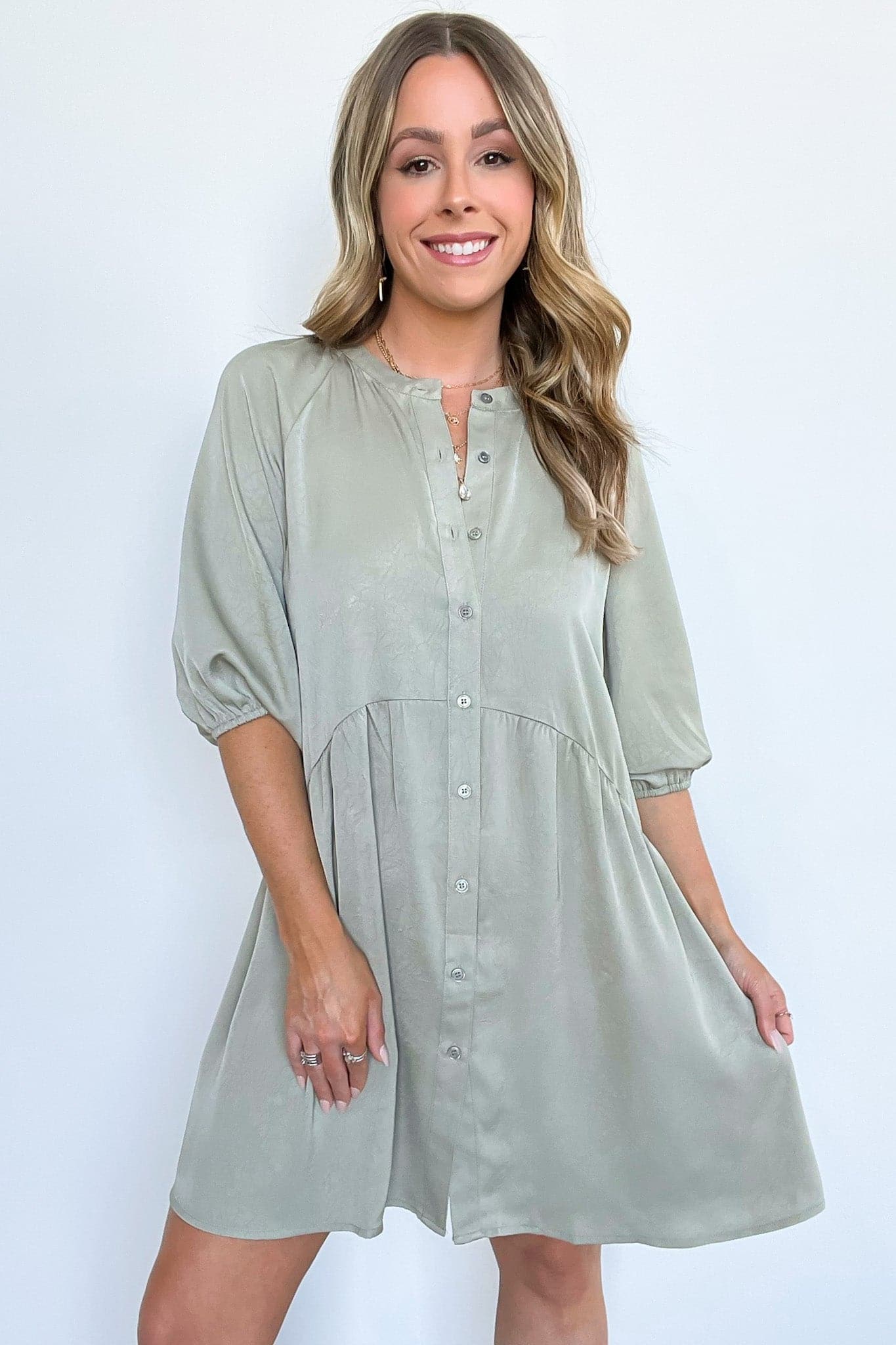 S / Dark Sage Cordeliah Button Down Babydoll Dress - kitchencabinetmagic