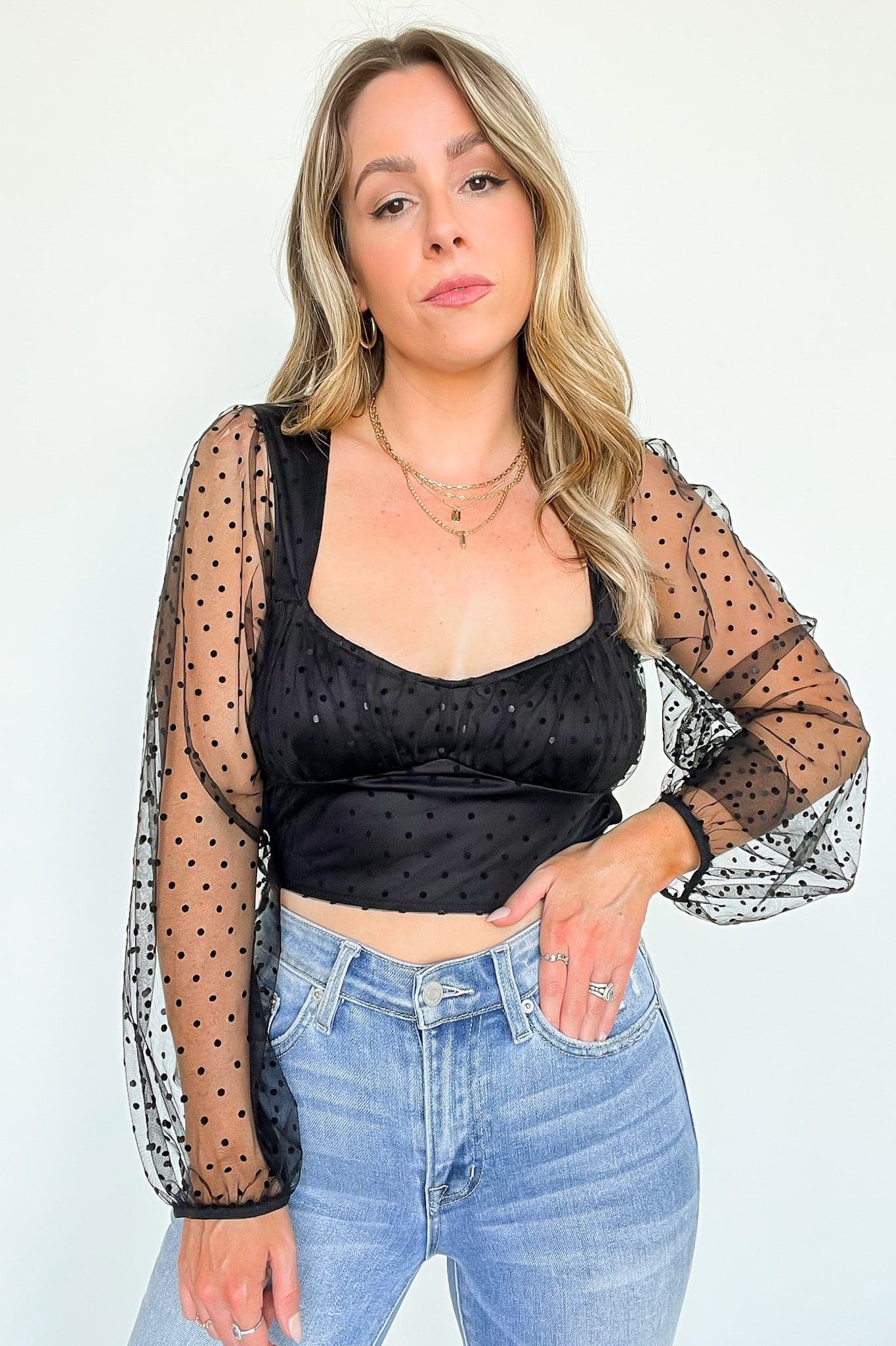  Crush Moment Mesh Dot Sleeve Crop Top - kitchencabinetmagic