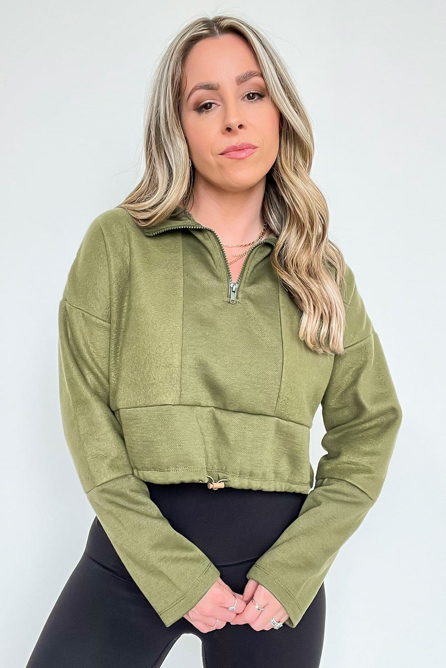 Olive / XS Cyndellah Long Sleeve 1/4 Zip Cropped Pullover - kitchencabinetmagic