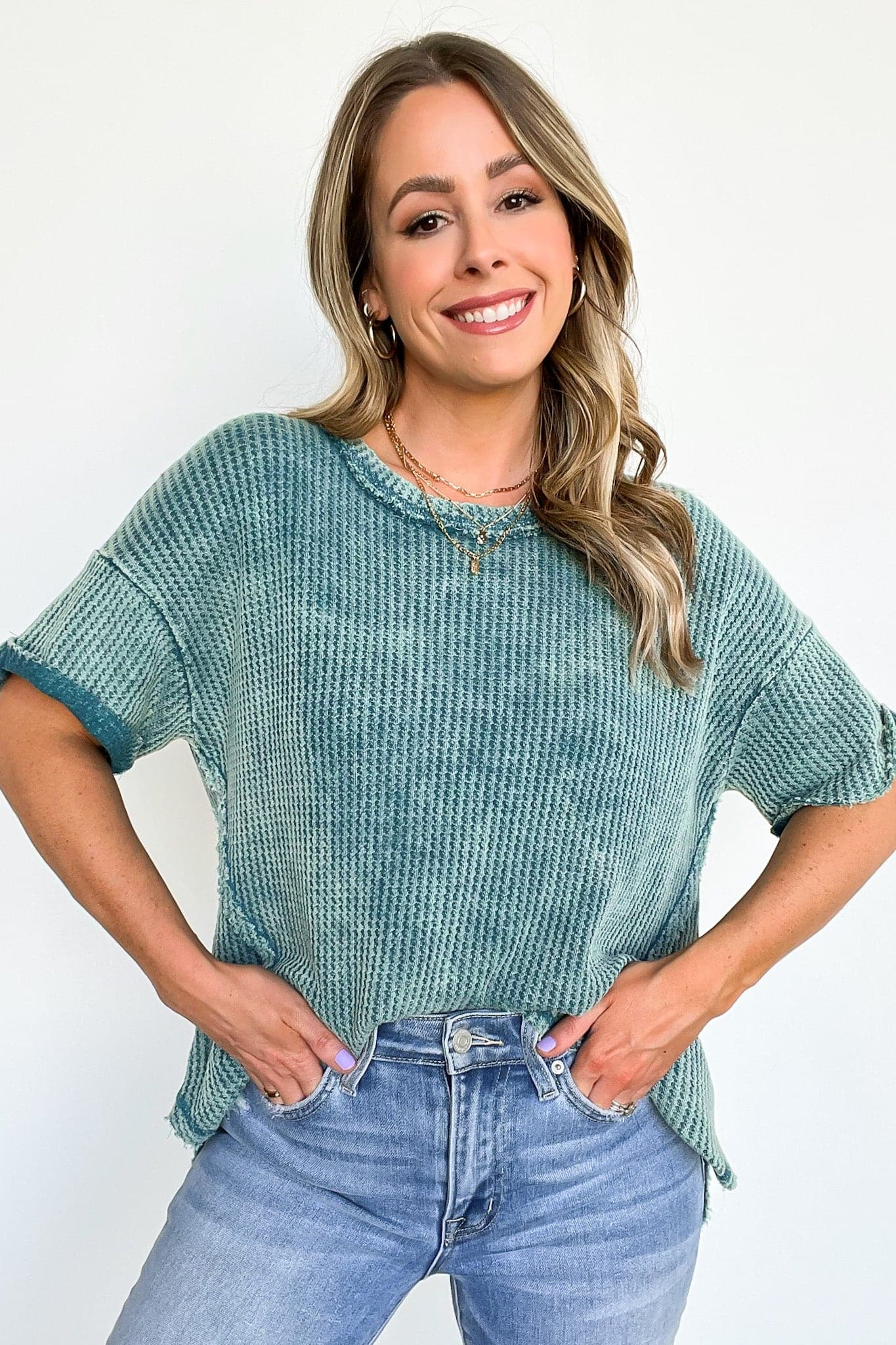  Eudorah Washed Waffle Knit Top - BACK IN STOCK - kitchencabinetmagic