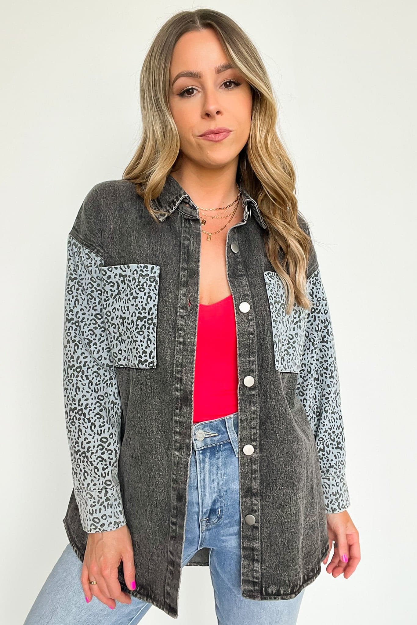  Fierce Flirt Animal Print Contrast Denim Shacket - kitchencabinetmagic