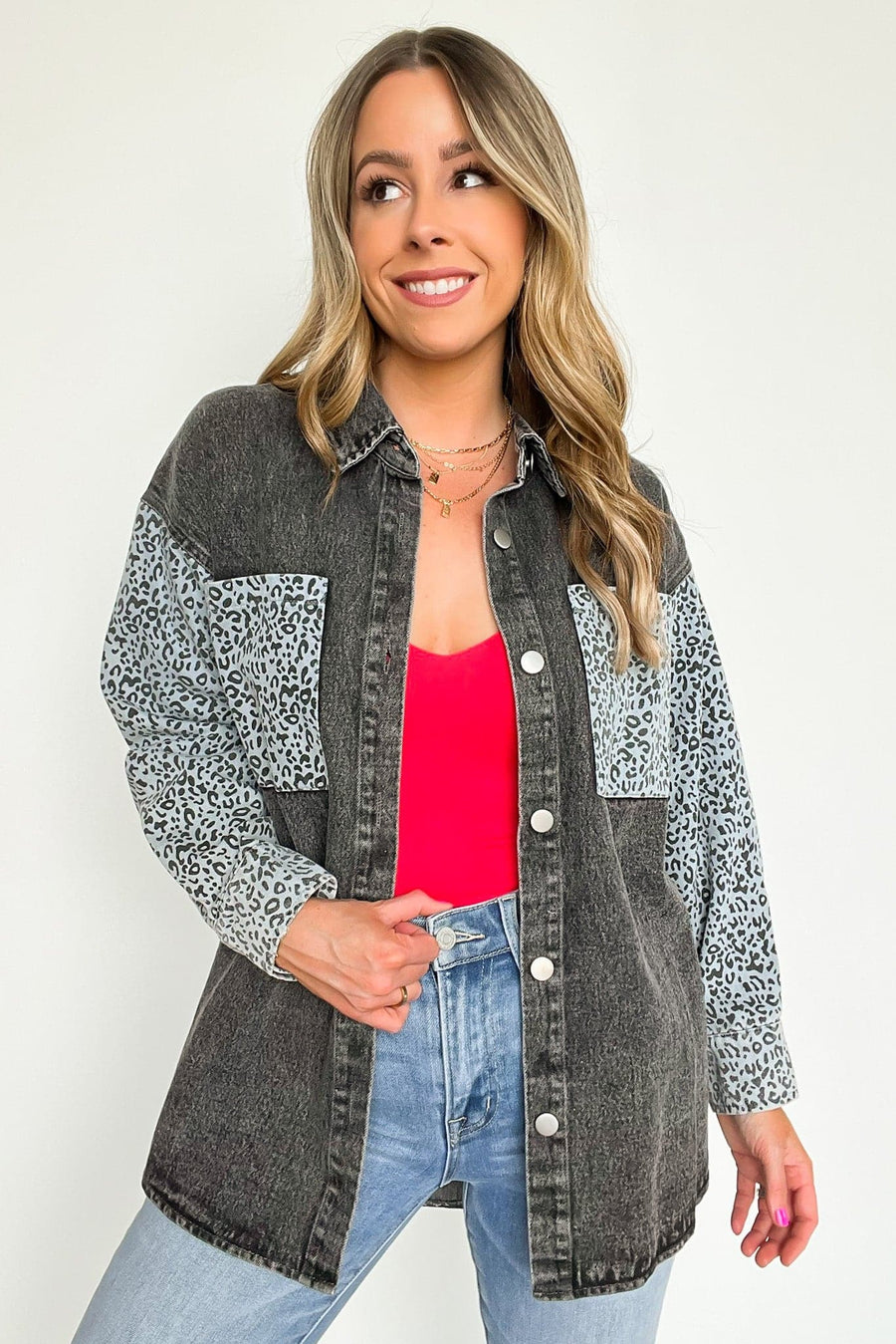  Fierce Flirt Animal Print Contrast Denim Shacket - kitchencabinetmagic