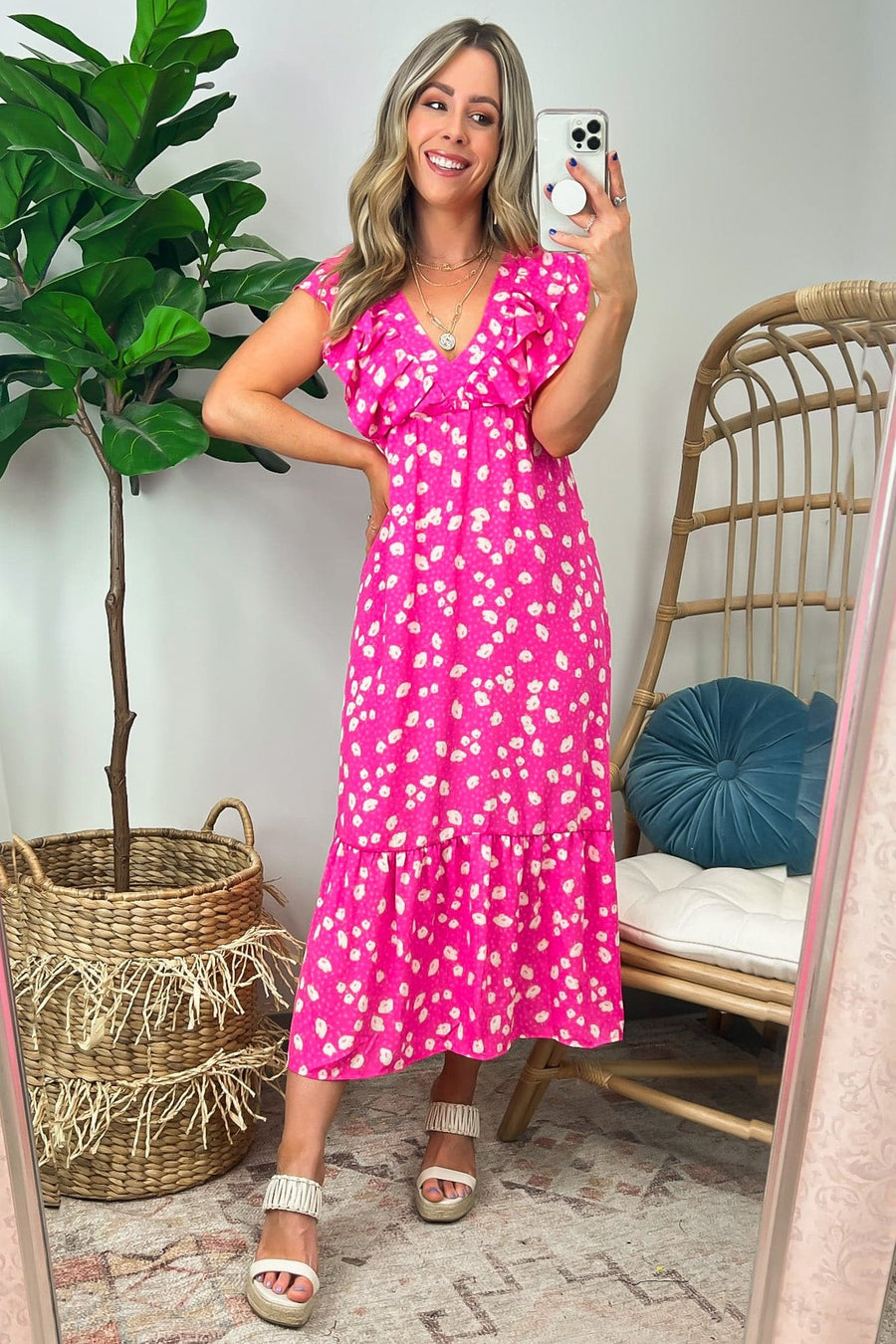 Fuchsia / S Flirty All the Time Ruffle Sleeve Tiered Floral Midi Dress - kitchencabinetmagic