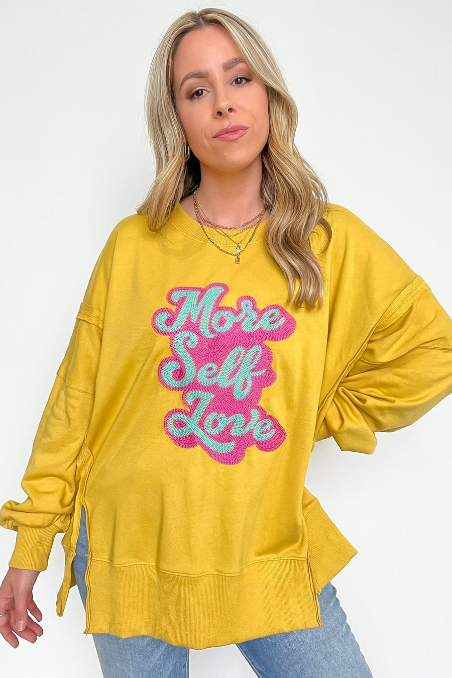  More Self Love Oversized Graphic Embroidered Pullover - kitchencabinetmagic