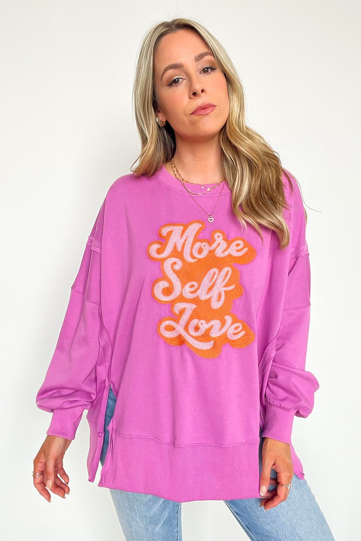 More Self Love Oversized Graphic Embroidered Pullover