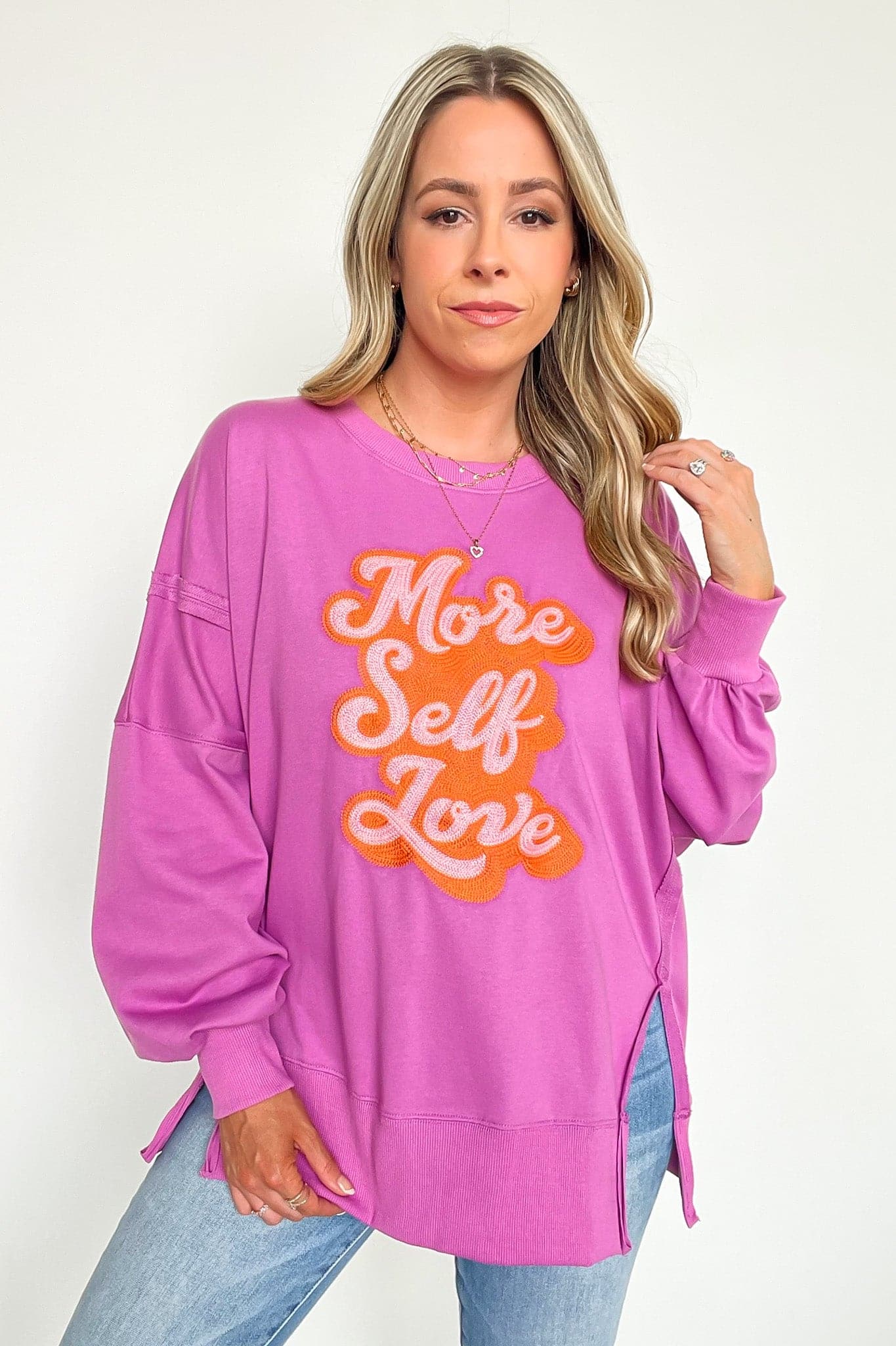  More Self Love Oversized Graphic Embroidered Pullover - kitchencabinetmagic