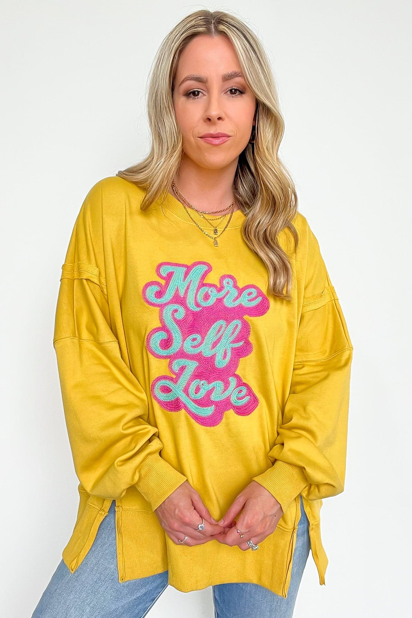  More Self Love Oversized Graphic Embroidered Pullover - kitchencabinetmagic