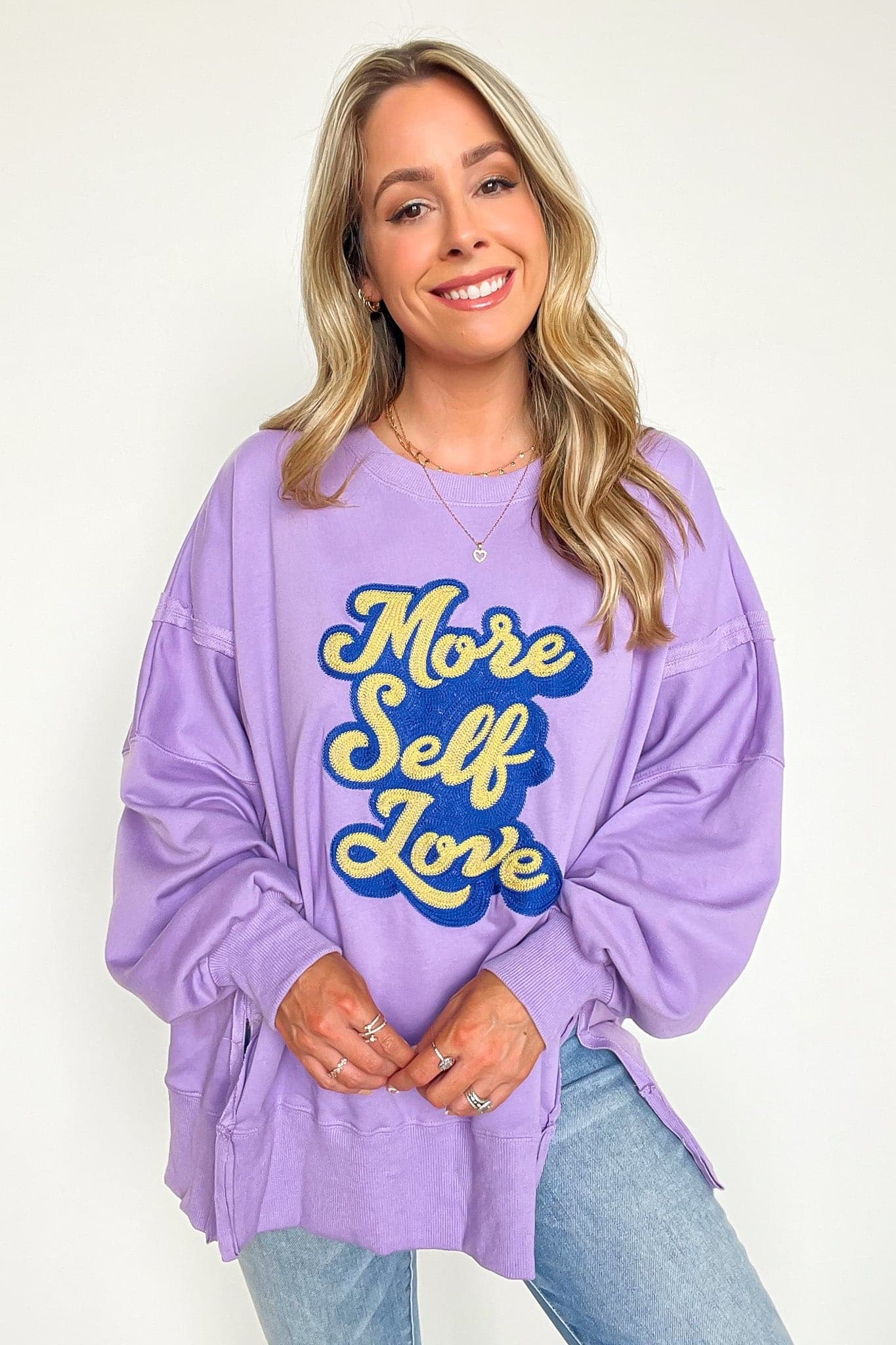 Lavender / S More Self Love Oversized Graphic Embroidered Pullover - kitchencabinetmagic