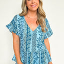 S / Blue Nicolete Multi Print V-Neck Ruffle Peplum Top - kitchencabinetmagic