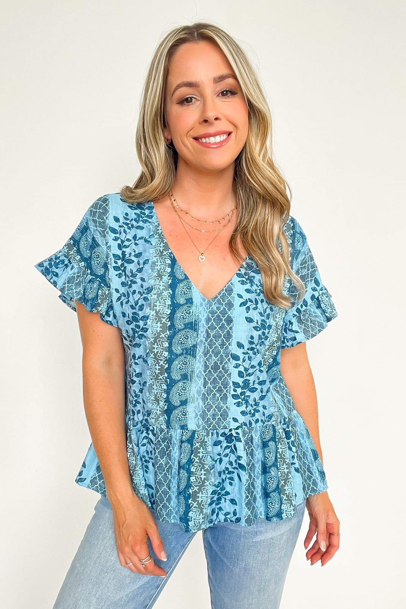 S / Blue Nicolete Multi Print V-Neck Ruffle Peplum Top - kitchencabinetmagic