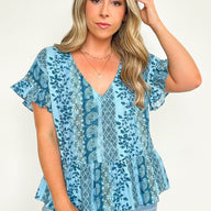  Nicolete Multi Print V-Neck Ruffle Peplum Top - kitchencabinetmagic