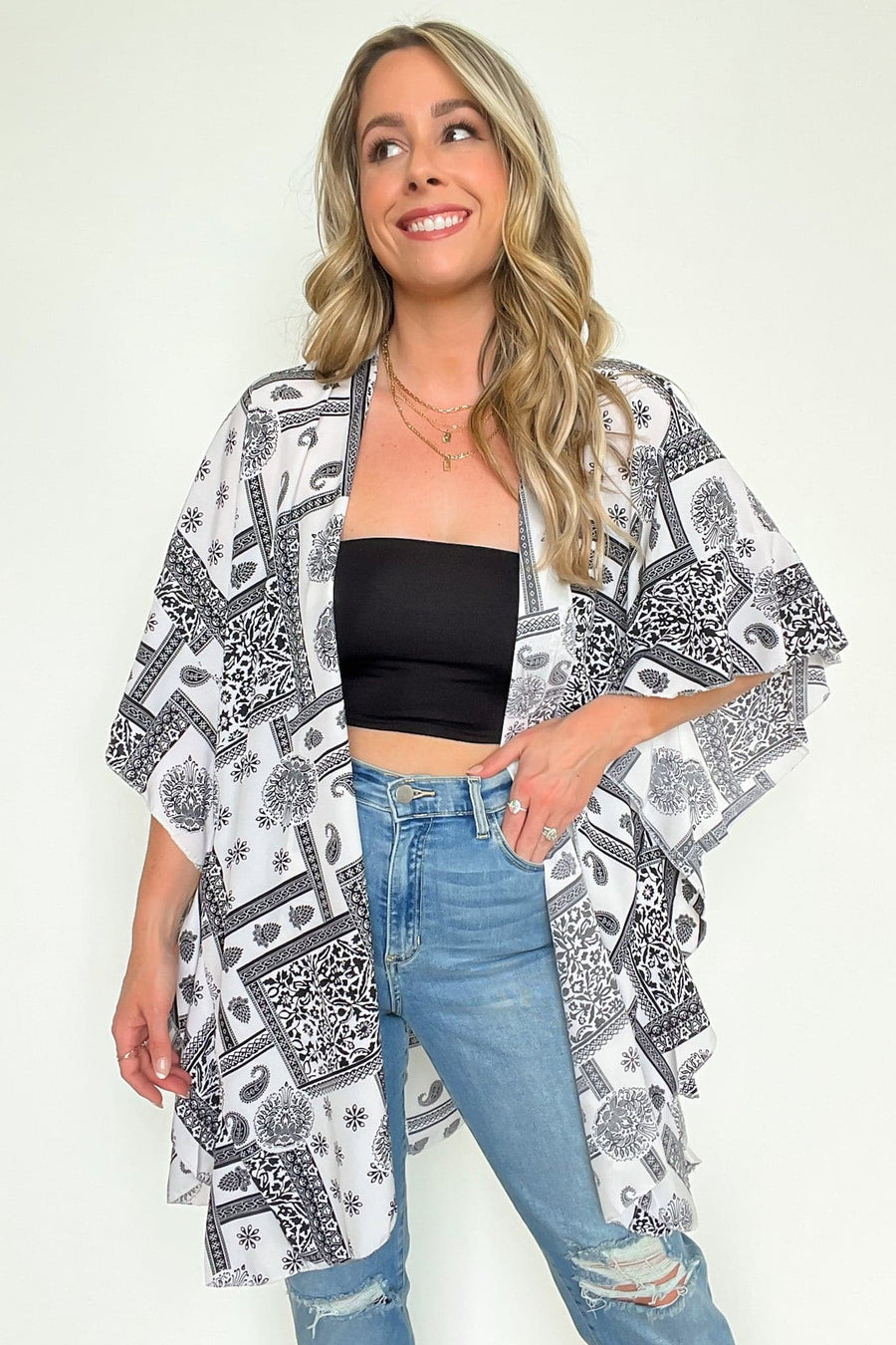 OS / White Paint Your Dreams Paisley Ruffle Kimono - kitchencabinetmagic