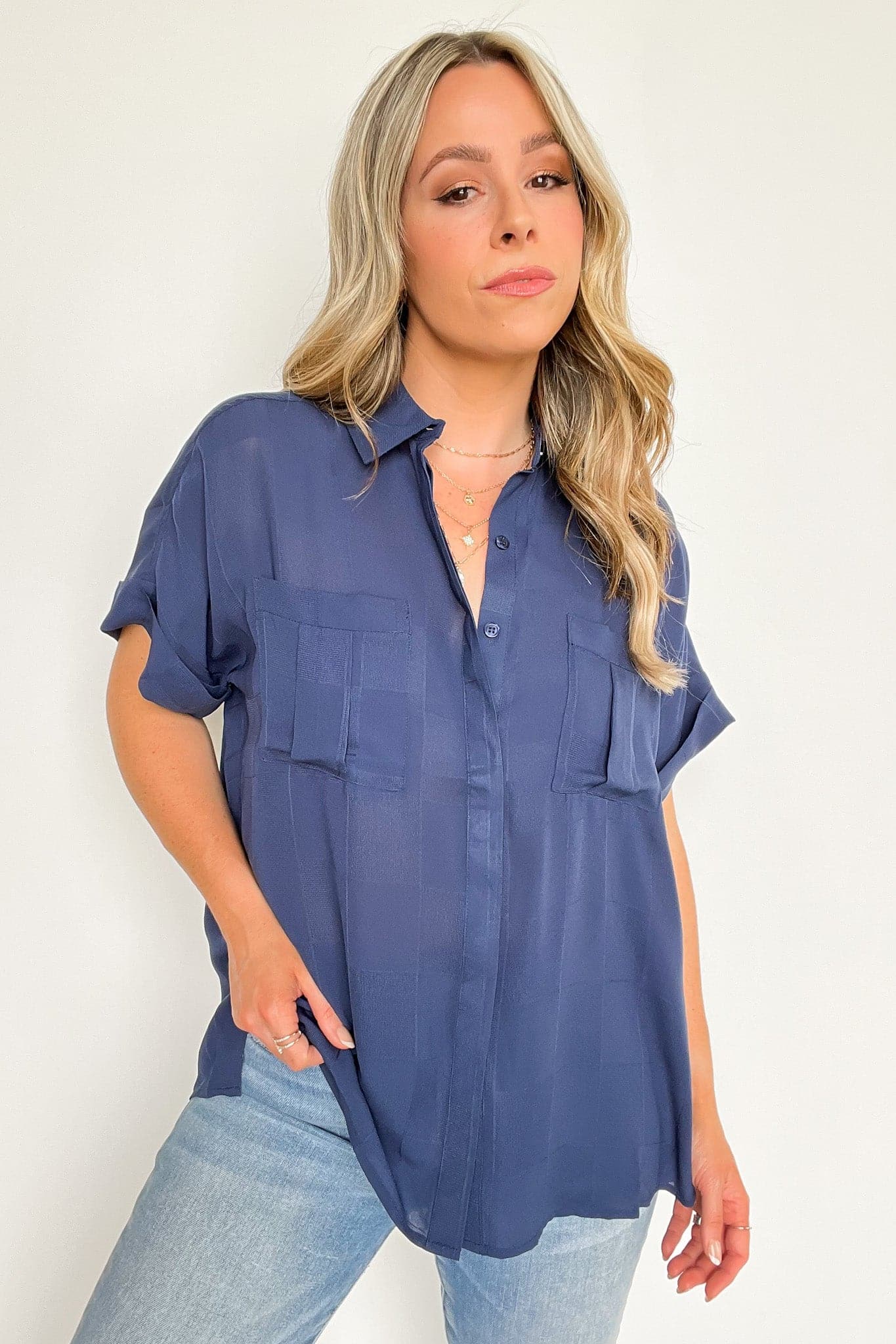  Pierson Short Sleeve Button Down Pocket Top - kitchencabinetmagic