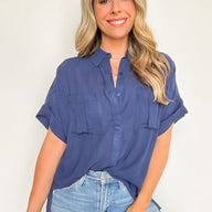 Navy / S Pierson Short Sleeve Button Down Pocket Top - kitchencabinetmagic