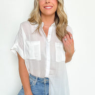 White / S Pierson Short Sleeve Button Down Pocket Top - kitchencabinetmagic